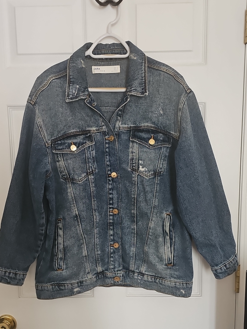 Zara Mid Blue Distressed Denim Jacket with Gold Buttons